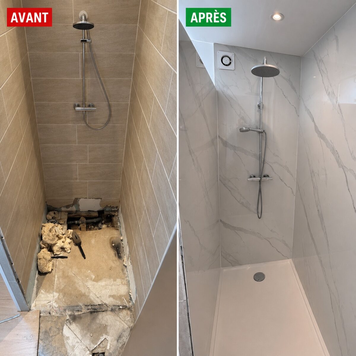 Douche à l'italienne avant après plaque marbre